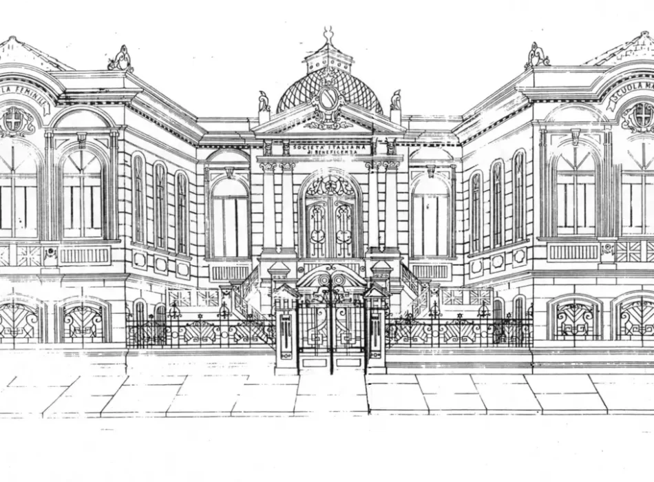 desenho somente em traços pretos da fachada original da Società Italiana di Beneficenza em Santos