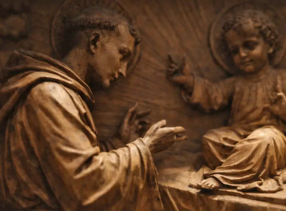 Baixo-relevo em madeira de pinho representando a Aparição do Menino Jesus a Santo Antônio, obra de Marino Del Favero.